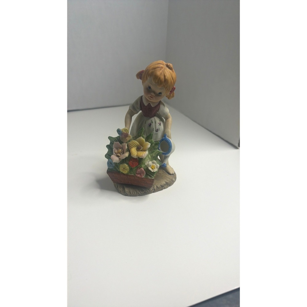Vintage Little Girl Watering Flowers Figurine Charming Ceramic‎ Collectible